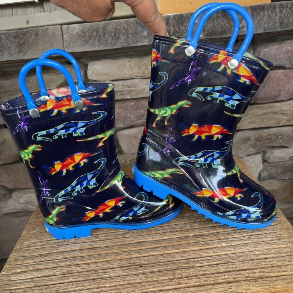 Zoogs Toddler Pull On Handle Rain Boots Dinosaur Print Blue Size 8
